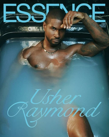 Essence cover featuring Usher Raymond in a bathtub, artistic portrait, showcasing water, black marble, and celebrity lifestyle.