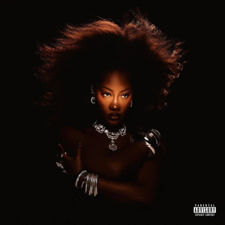 Portrait of a black woman with voluminous hair wearing diamond jewelry and silver bangles against a dark background.