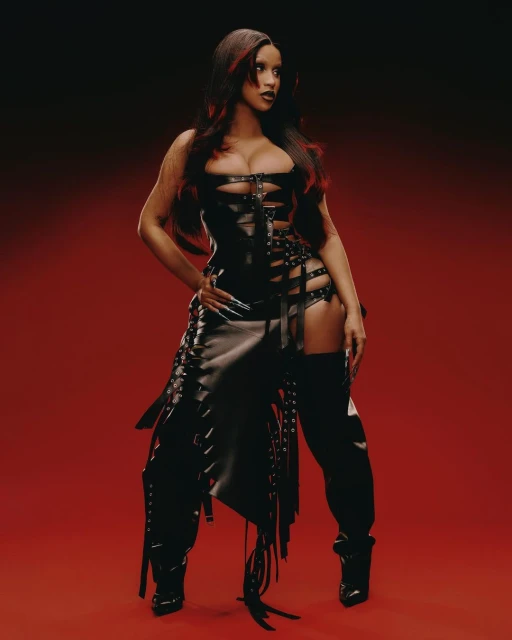 A woman with long dark hair poses in a strappy black leather outfit and thigh-high boots against a gradient red and black backdrop.