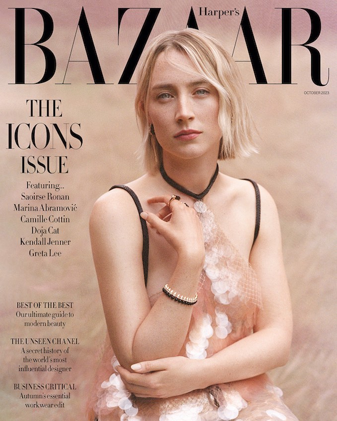 Harper's Bazaar October 2023 cover featuring Saoirse Ronan in close-up wearing a floral dress with a light pink and beige background.