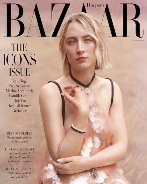 Harper's Bazaar October 2023 cover featuring Saoirse Ronan in close-up wearing a floral dress with a light pink and beige background.