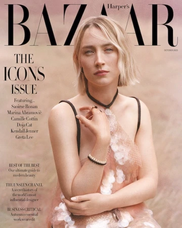 Harper's Bazaar October 2023 cover featuring Saoirse Ronan in close-up wearing a floral dress with a light pink and beige background.