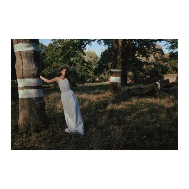 A woman in a white dress leans against a tree in a sunlit forest clearing, creating a serene and ethereal atmosphere in a natural setting.