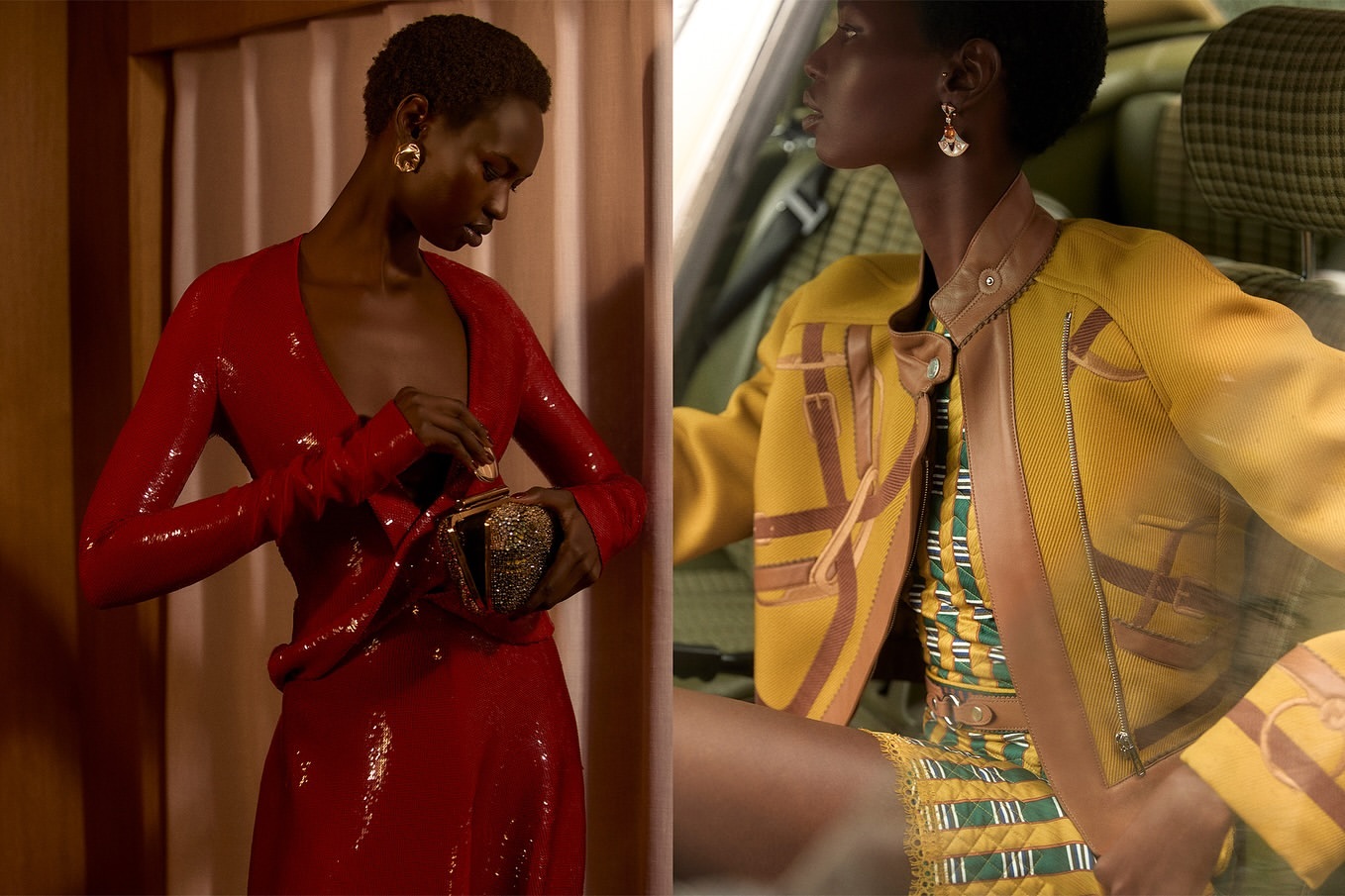 Two Black female fashion models pose indoors. One wears a red sequined dress and holds a clutch. The other wears a yellow jacket in a car.