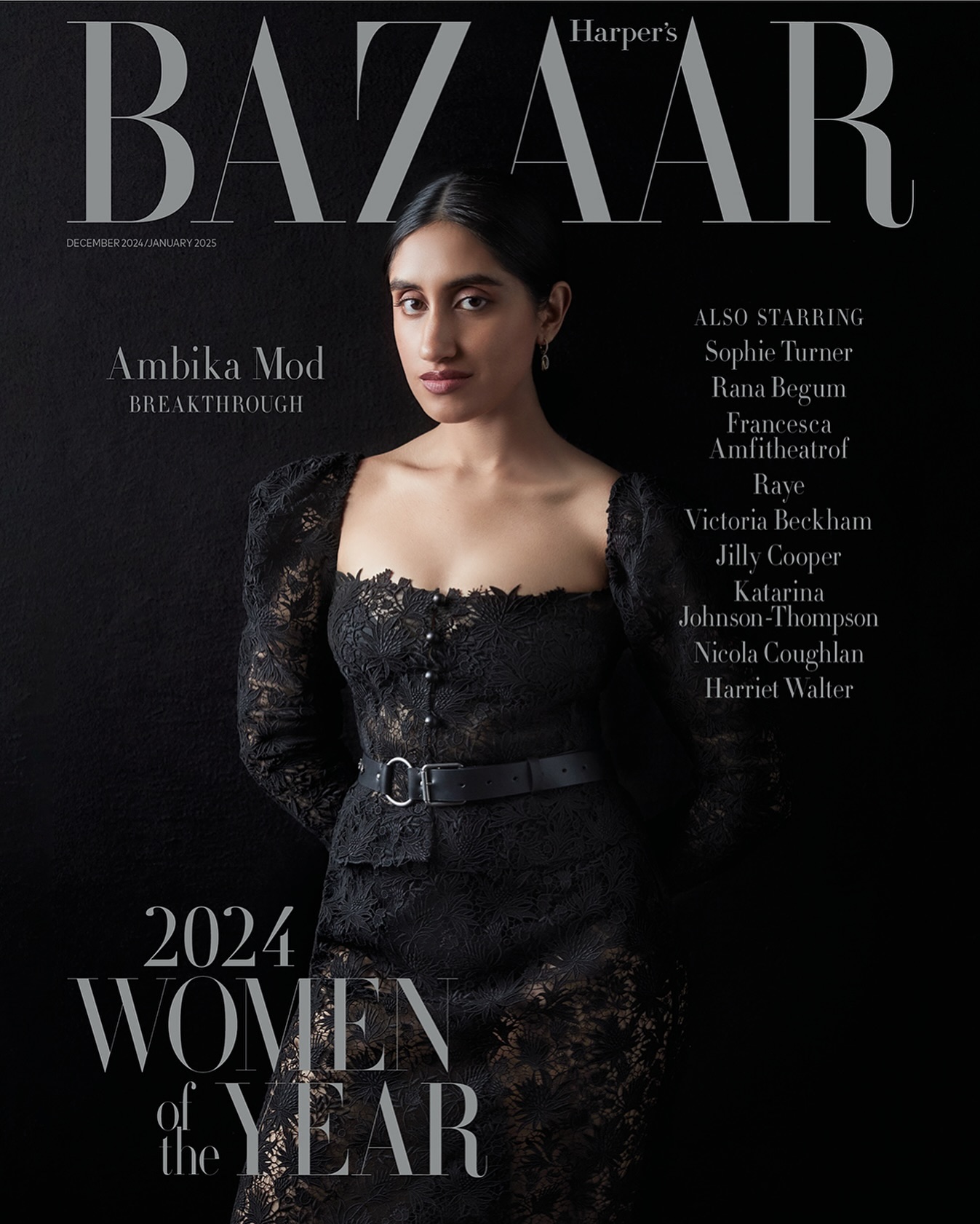 Harper's Bazaar magazine cover featuring Ambika Mod in a lace dress, against a dark background, promoting the 2024 Women of the Year issue.