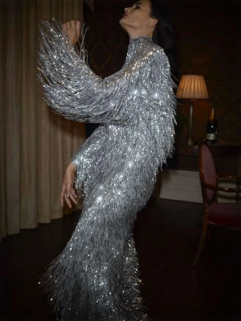 Adult female in a glittering silver fringe dress, leaning back against a dark background with a table lamp and champagne bottle.