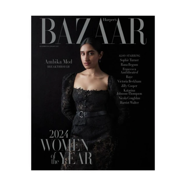 Ambika Mod on Harper's Bazaar cover, December 2024/January 2025 issue. She wears a black lace dress against a dark background.