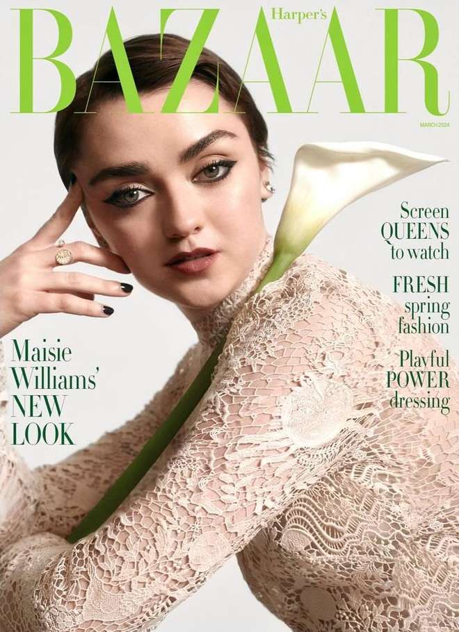 Magazine cover featuring Maisie Williams wearing a lace dress and a flower. The cover features Harper's Bazaar logo and text elements.
