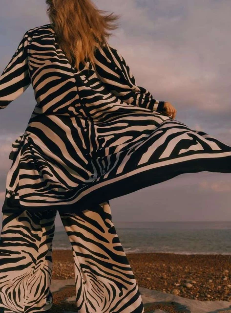 Woman in zebra-striped outfit on a beach. Outfit includes a long-sleeved top and wide-leg pants, under a cloudy, pink-tinted sky.