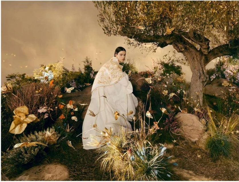 Young woman poses in a cream dress with a gold shawl near a large tree with leaves and scattered gold butterflies in a lush field.