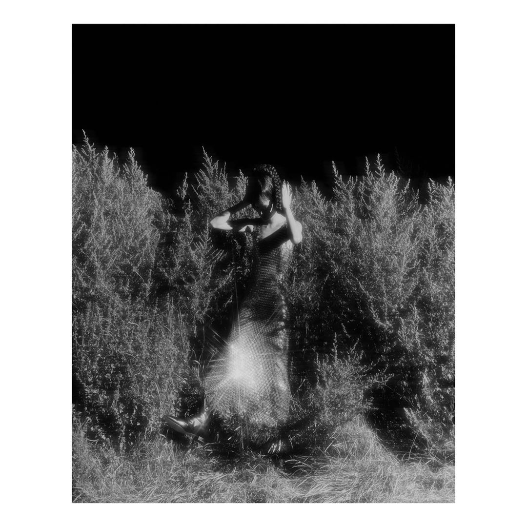 Monochromatic shot of a woman in a dress posing amid tall grass, set against a dark background. The image has a grainy, textured feel.