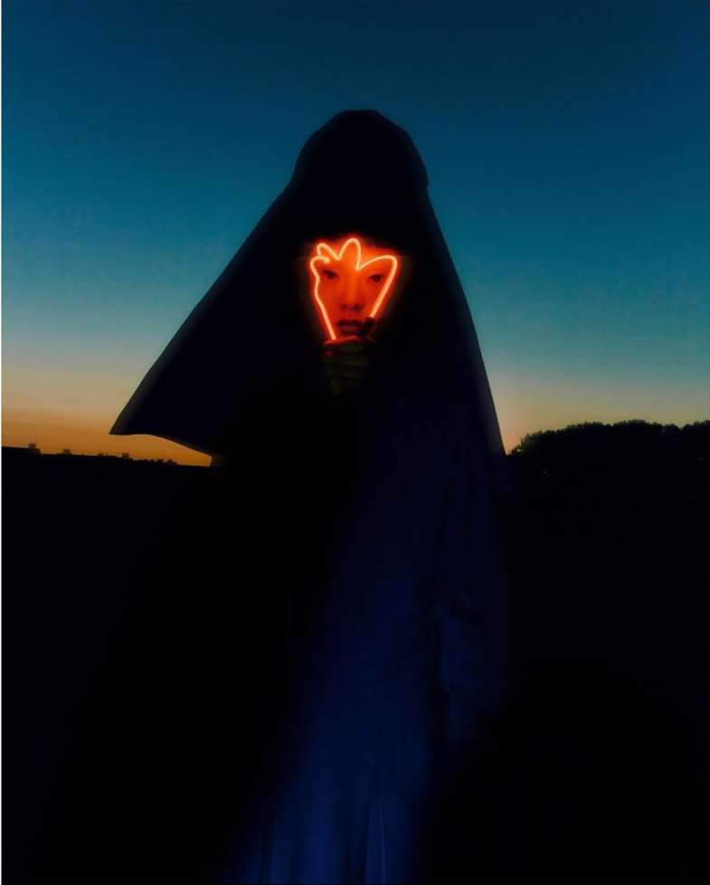 Person wearing a hooded cloak with an orange glowing outline of a face in front, set against a twilight sky and dark landscape.