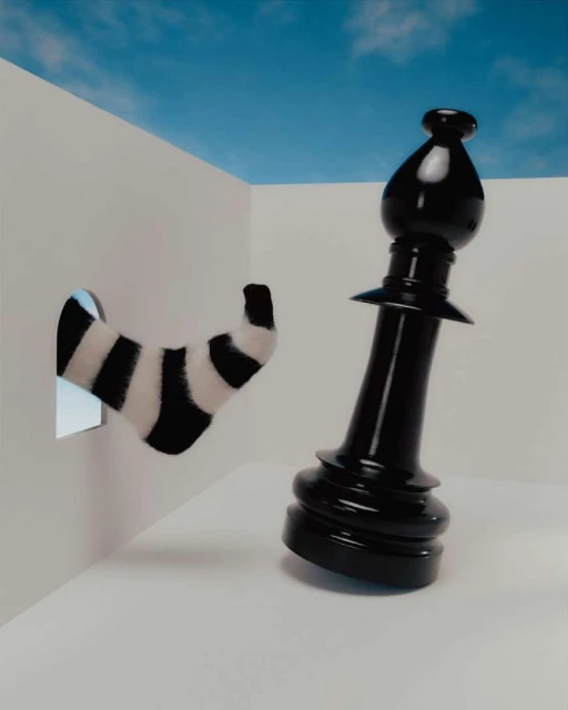 Conceptual image of a striped sock protruding from a white wall near an oversized black chess piece against a blue sky backdrop.