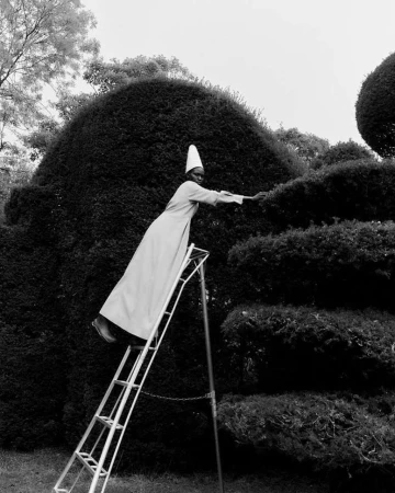 Black and white shot of a person on a ladder trimming a manicured hedge, wearing a long coat and a tall white hat.