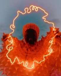 Model in textured orange spiky garment surrounded by a glowing neon light line against a moody dusk sky.