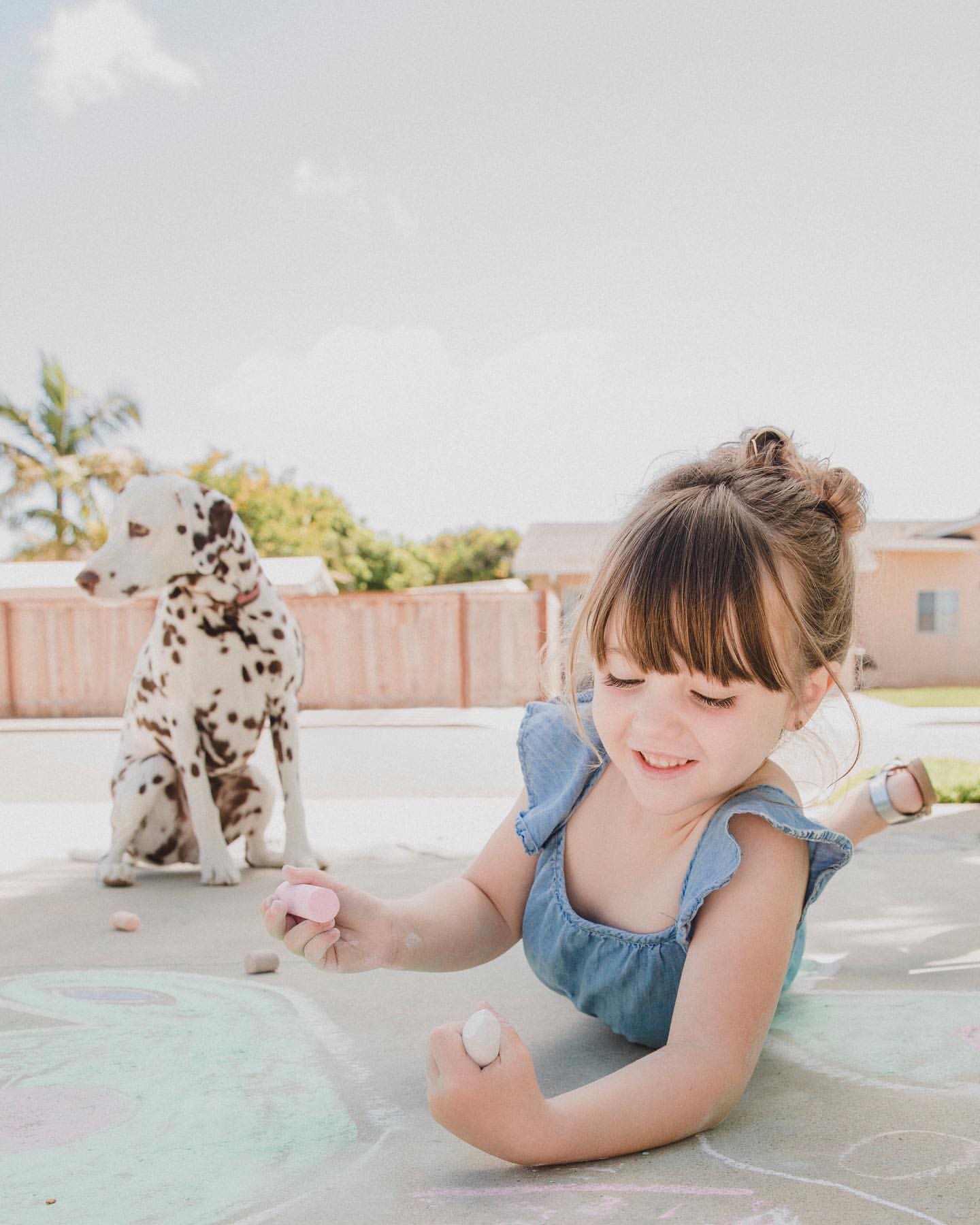 Young girl in blue dress drawing with chalk on pavement, Dalmatian dog sits in background on sunny day in residential setting.