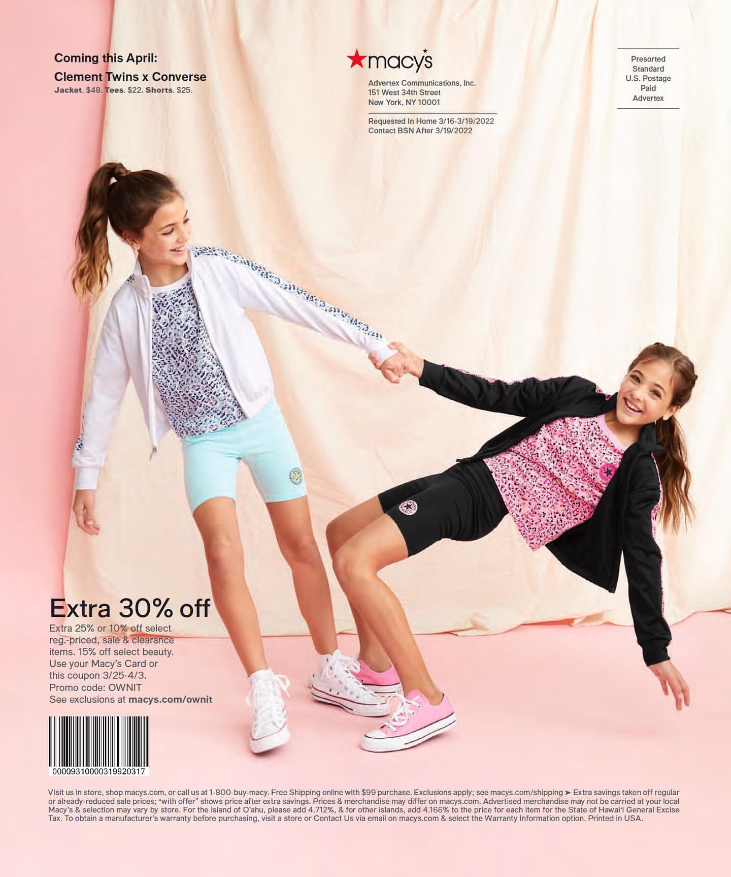 Two young girls pose in a studio for a Macy's advertisement showcasing Clement Twins x Converse apparel and a 30% off discount.