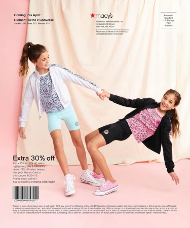 Two young girls pose in a studio for a Macy's advertisement showcasing Clement Twins x Converse apparel and a 30% off discount.