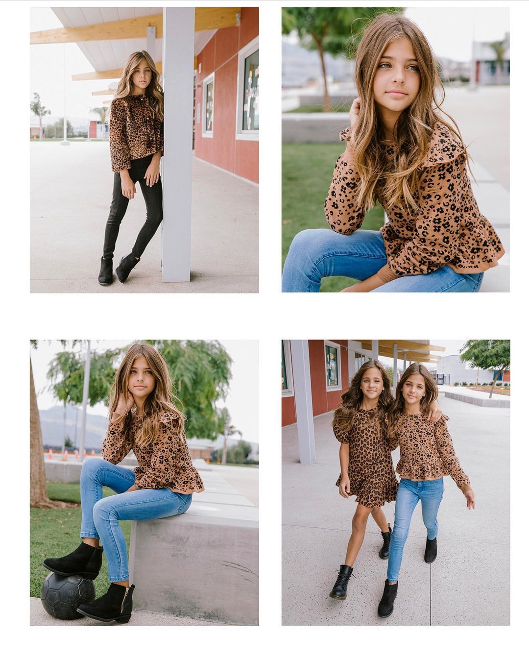 Collage of a young girl in a leopard print top and blue jeans, posing outdoors in various poses against a light background.