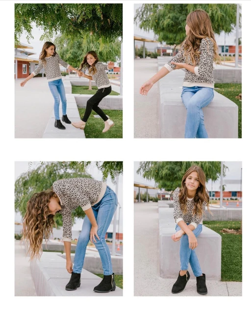 Two young girls pose outdoors in matching tops and jeans in a collection of four images showcasing childhood fashion.