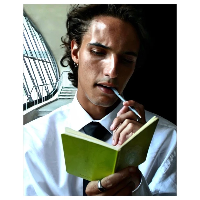 Young adult male in white shirt and black tie holding pen and open green notebook indoors with modern staircase background.