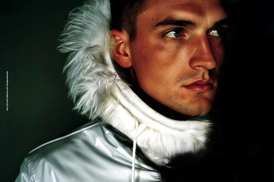 Close-up portrait of a handsome adult male with light skin, wearing a white jacket with a fur-trimmed hood, posing in a dark studio.