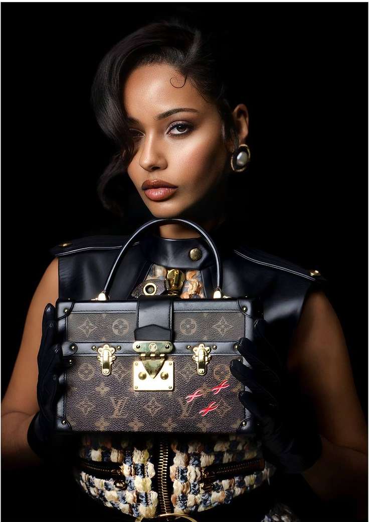 Elegant woman posing with a brown Louis Vuitton box bag, wearing a black sleeveless leather top in front of a black background.