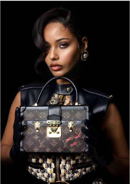 Elegant woman posing with a brown Louis Vuitton box bag, wearing a black sleeveless leather top in front of a black background.