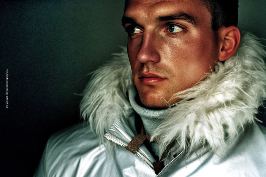 Close-up portrait of a fair-skinned adult male looking off-camera. He's wearing a shiny coat with a furry collar against a dark backdrop.
