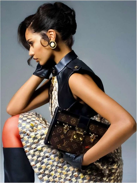 Fashion shot of a woman wearing a black vest and patterned dress, holding a brown Louis Vuitton trunk bag with gold details.