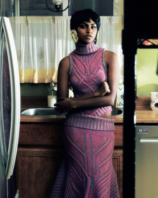A stylish adult female in a pink knit turtleneck top and skirt poses indoors near a kitchen sink and refrigerator, wearing large gold earrings.