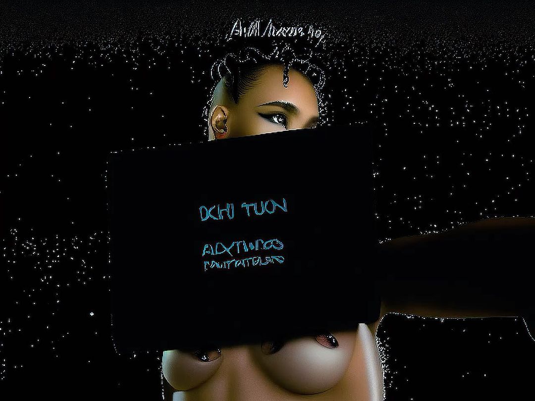 Artistic studio shot featuring an adult female with dark hair, her chest visible behind a dark board with neon text.