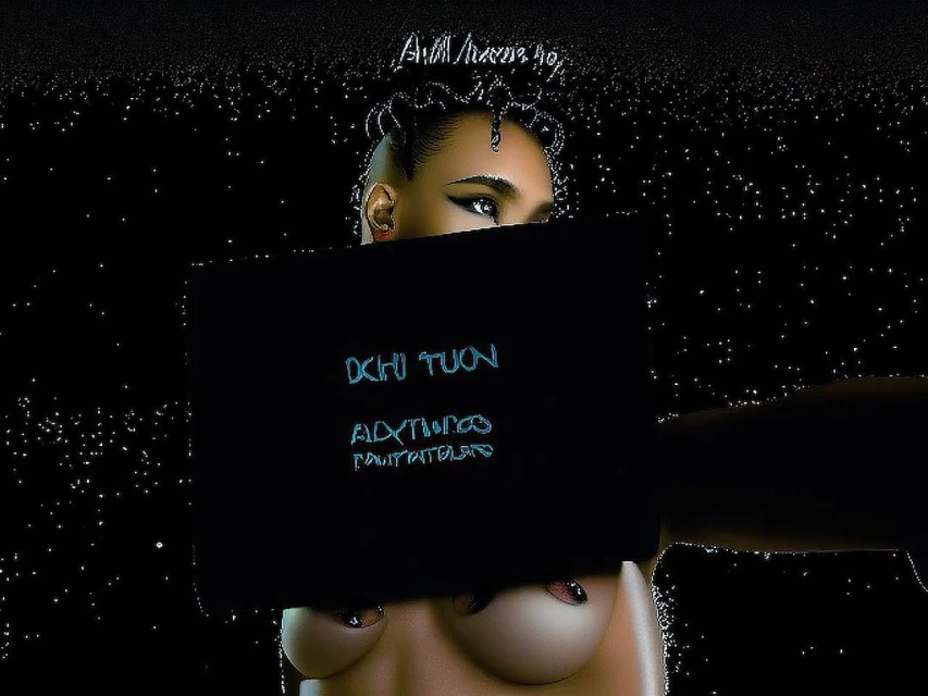 Artistic studio shot featuring an adult female with dark hair, her chest visible behind a dark board with neon text.