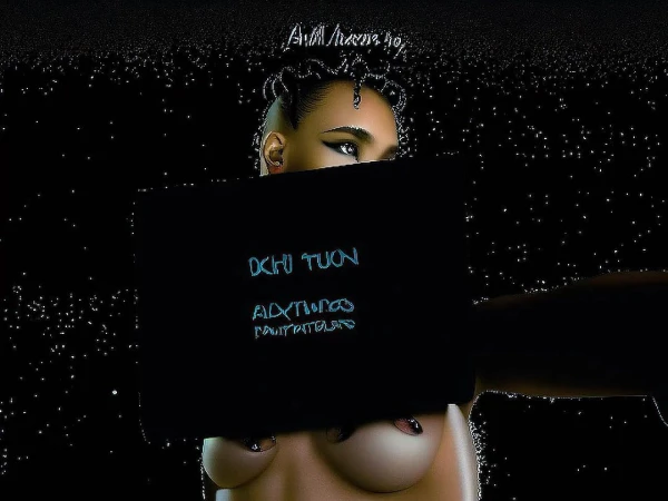 Artistic studio shot featuring an adult female with dark hair, her chest visible behind a dark board with neon text.