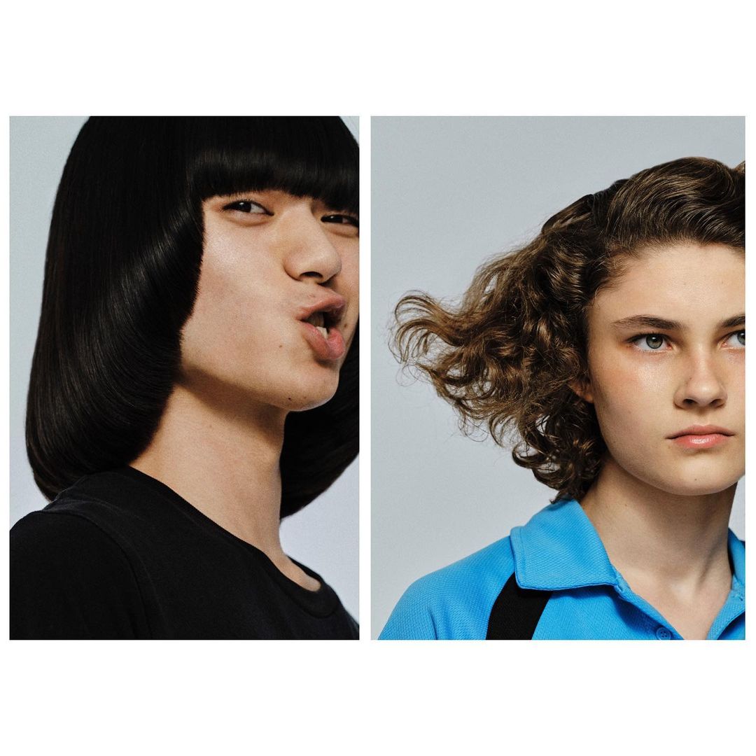 Split-screen fashion shot featuring two young adults with contrasting hair styles in a bright, neutral photo studio.