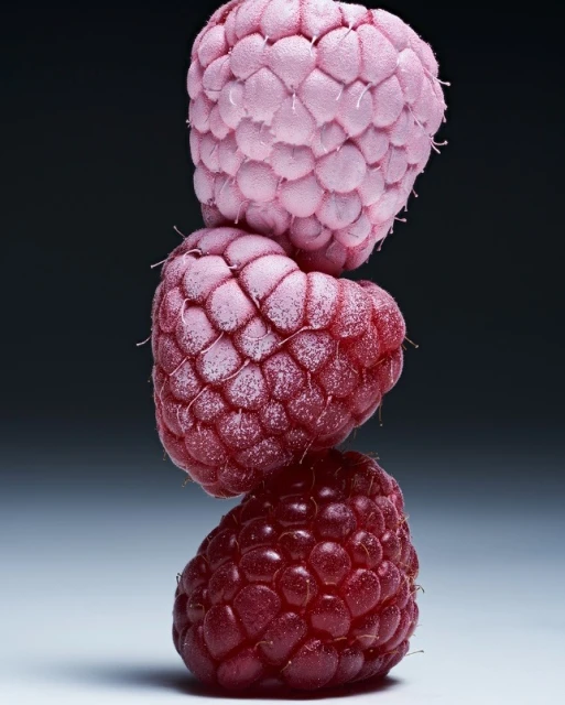 Stack of three raspberries showing gradient of pink, red and dark red on a black background, product food photography.