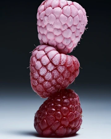 Stack of three raspberries showing gradient of pink, red and dark red on a black background, product food photography.