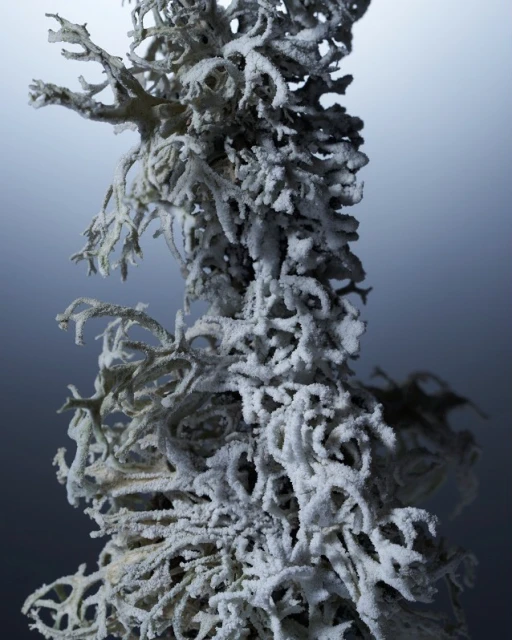 Close-up of textured, white lichen against a graduated blue and white background, showcasing detailed organic growth and form.
