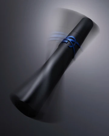 Black diploma tube with blue ribbon on gray background. Graduation or achievement concept in studio lighting. Formal presentation.