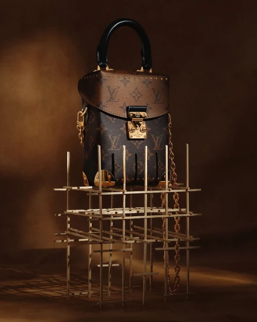 Luxury Louis Vuitton top-handle bag with chain strap, displayed on a gold metal geometric stand against a neutral brown backdrop.
