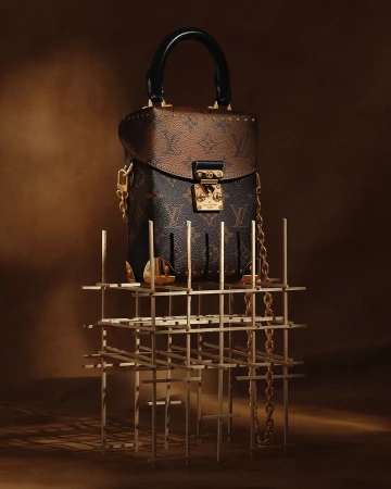 Luxury Louis Vuitton top-handle bag with chain strap, displayed on a gold metal geometric stand against a neutral brown backdrop.