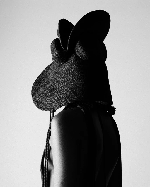 Black and white portrait of a woman wearing a large, textured black hat with rope ties against a stark white background in a studio.