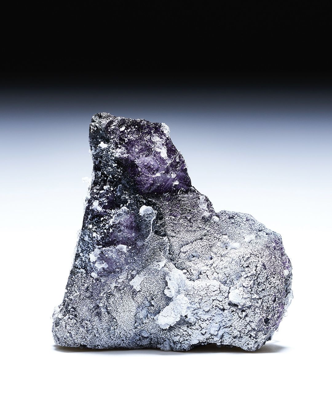 Close-up studio shot of a purple and gray mineral formation with white speckles, against a gradient gray and white background.