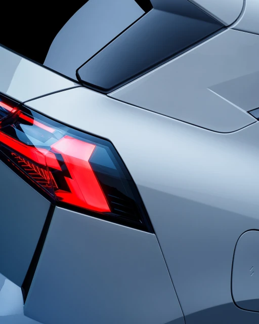 Close-up shot of a modern silver car's taillight and rear spoiler against a black background, showcasing automotive design details.