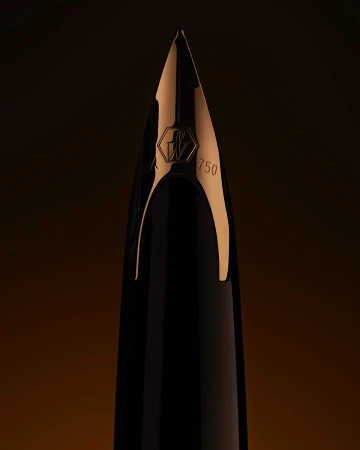 Close-up shot of a fountain pen nib with the number 750. The nib is partially gold and black. Brown gradient background.