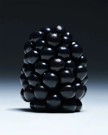 Close-up product photography showcases a single blackberry against a dark background, highlighting its dark purple color and textured surface.
