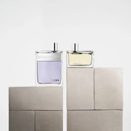 Two rectangular glass fragrance bottles displayed on stacked grey concrete blocks against a seamless white background.