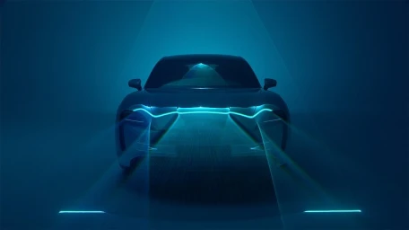Front view of a sleek car illuminated by bright cyan laser light beams projecting forward in a dark studio setting