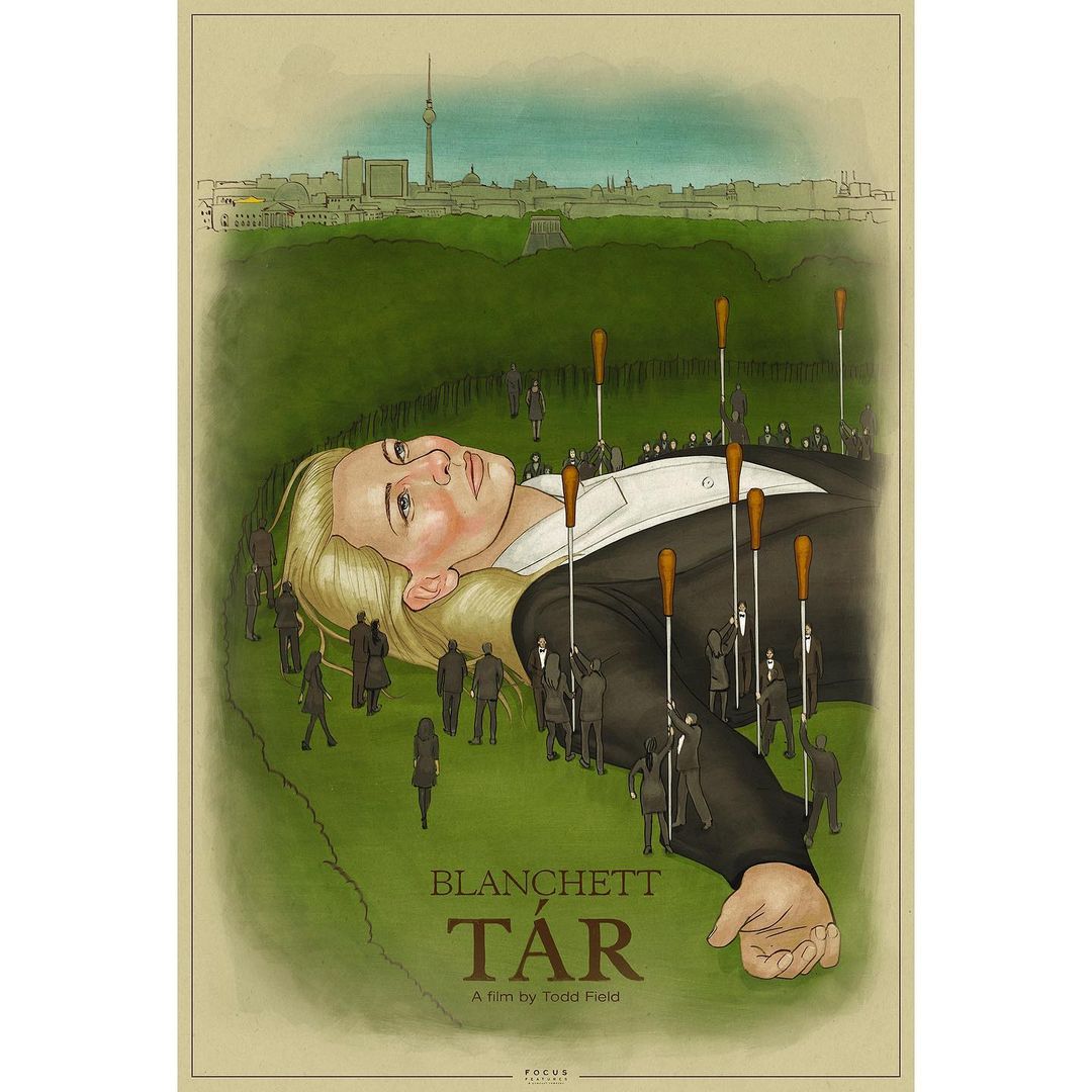 Illustrated movie poster for Tár featuring a giant head, silhouettes of people, and the Berlin skyline in the background.
