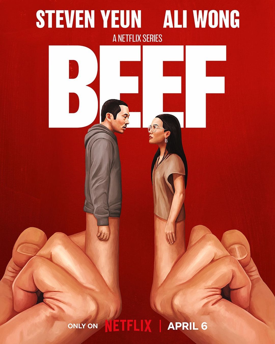 Promotional poster art for the Netflix series Beef features Steven Yeun and Ali Wong with hands and fingers, set against a red backdrop.